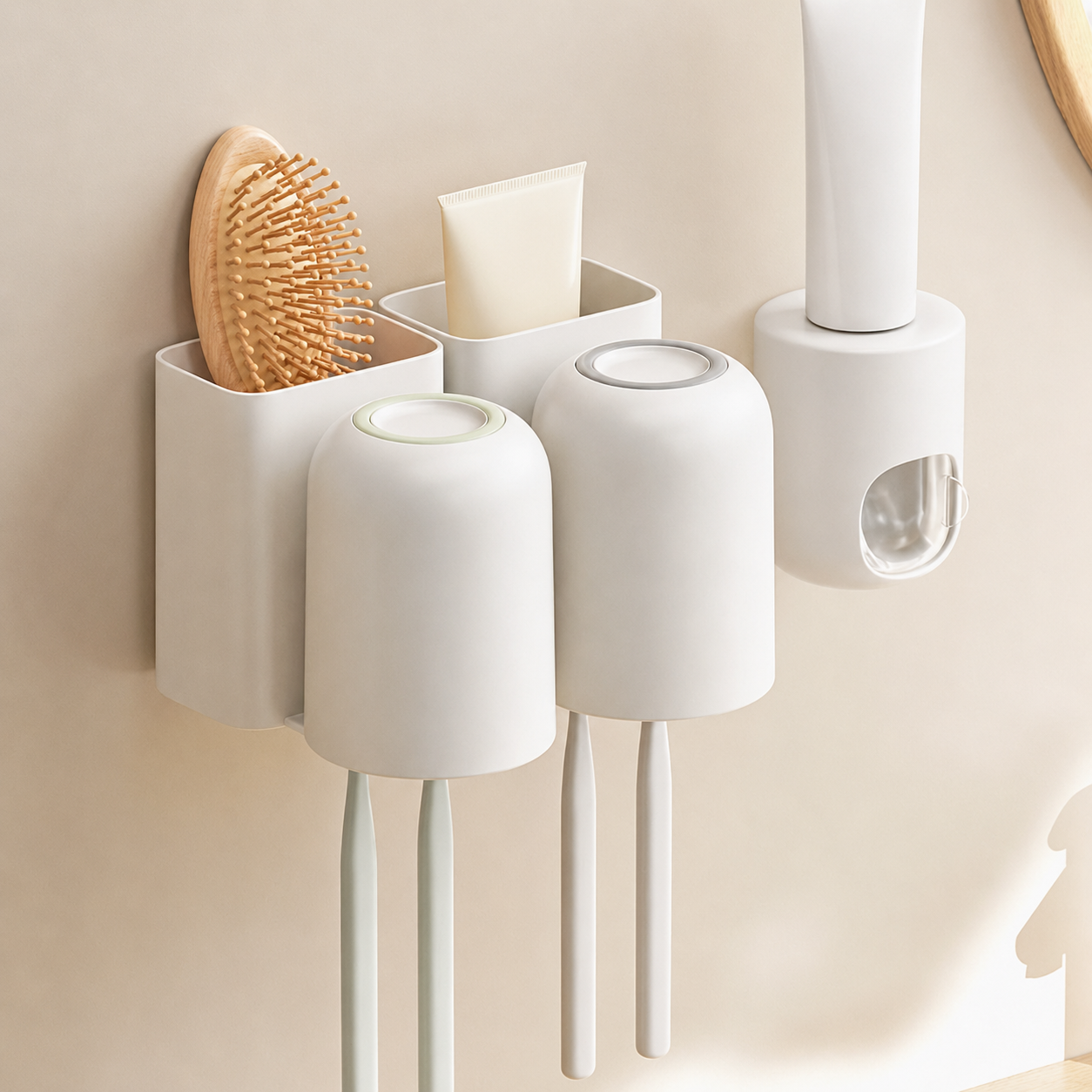 Wall-Mounted Toothbrush Holder with Cup & Toothpaste Dispenser